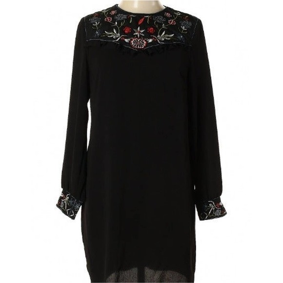 Atmosphere Dresses & Skirts - Boho Embroidered Dress Tunic Folk Art Cuff Black RETRO FLORAL PRAIRIE